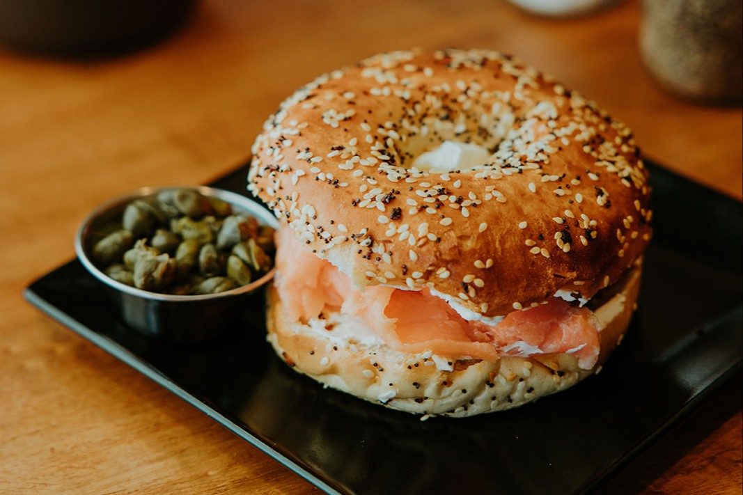 Smoked salmon, cream cheese and cappers english muffin.