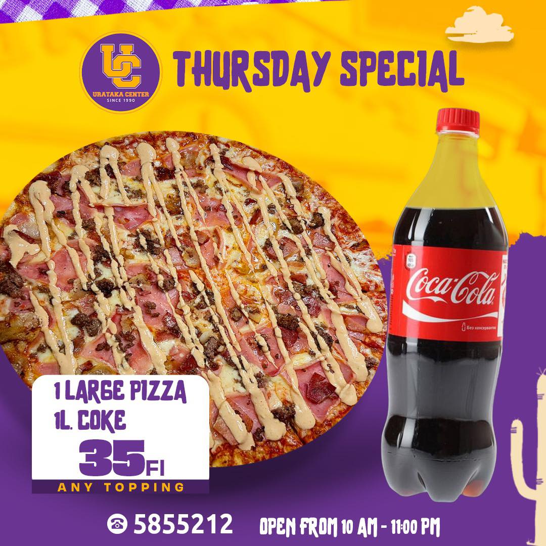 Thursday Special (1 large pizza, any topping, and 1 liter of Coke)